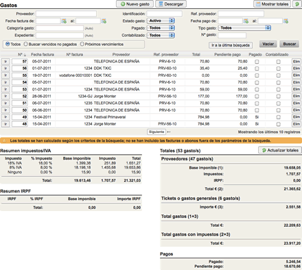 Captura de pantalla del listado de gastos